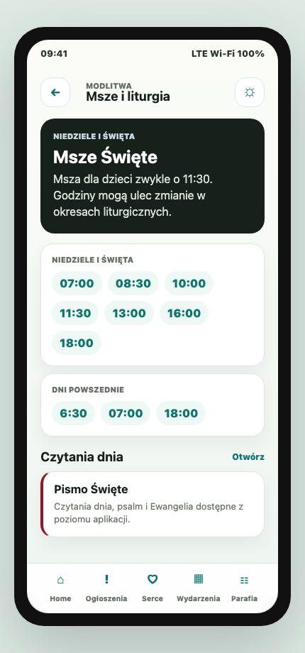 Ekran Msze i liturgia w aplikacji Curia Vita